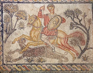 A mosaic depicting a Leopard hunt, from the Villa de las Tiendas